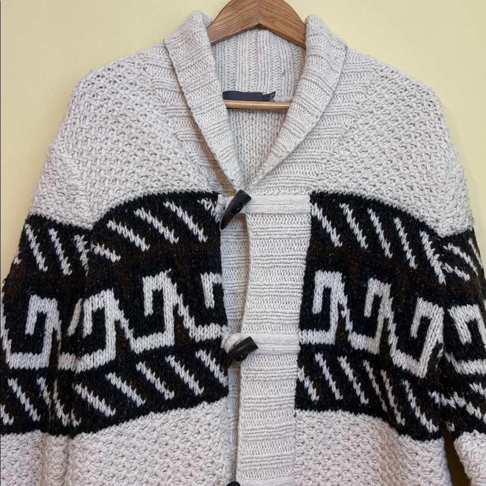 Vince | Cream Black Chunky Knit Shawl Fisherman Grandpa Wool Blend Cardigan L - Picture 4 of 17